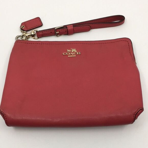 Coach Leather Large Wristlet Dark Pink Makeup Cosmetics Bag - Picture 1 of 16